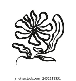 Ink brush abstract flower sketch isolated on white. Black silhouette of doodle floral