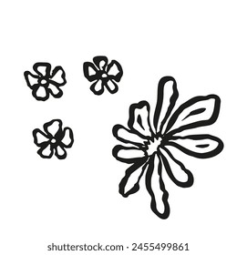 Ink brush abstract flower sketch isolated on white. Black silhouette of doodle floral