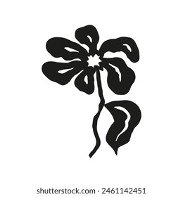 Ink brush abstract flower sketch isolated on white. Black silhouette of doodle floral
