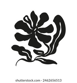 Ink brush abstract flower sketch isolated on white. Black silhouette of doodle floral