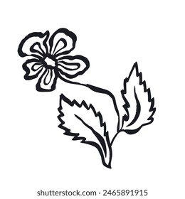 Pincel de tinta abstracto bosquejo de flores con contorno aislado en blanco. Dibujo botánico artístico de arte lineal. Silueta negra de garabato minimalista floral