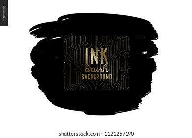 Ink Brush Background - abstract vector illustration. Ink brush strokes with rough edges, dry brush, black paint. Dirty artistic design element, gold lettering title - handmade vector illustration