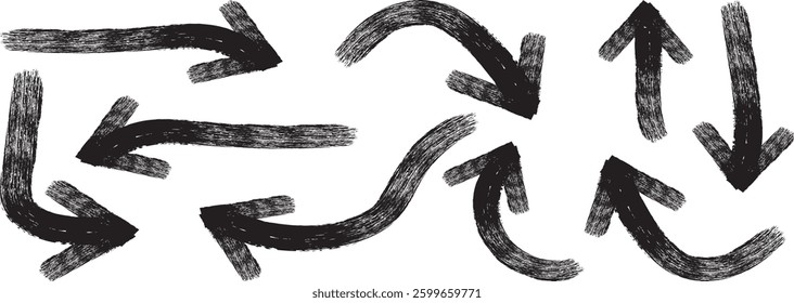 Ink brush black and black arrows. Collection of hand drawn doodle thick arrows in different directions.
