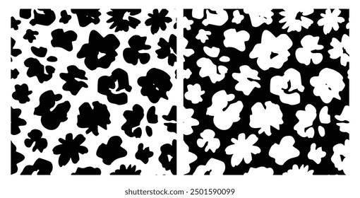 Ink Brush Black Flower Pattern. Abstract Paint Floral Illustration. Pictorial Bold Botanical Summer Background. Wild Cute Flower Wallpaper. Vector Vintage Floral Print. Daisy, Chamomile Silhouette