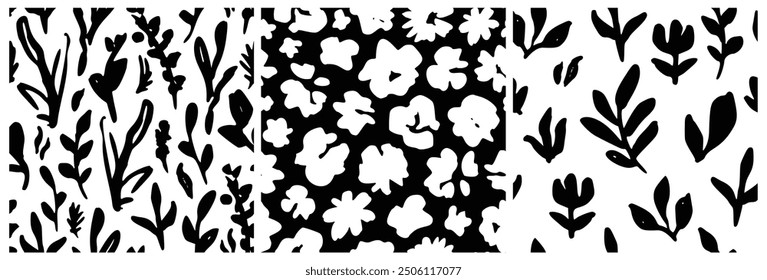 Conjunto de patrón de flores negras de pincel de tinta. Ilustración floral de pintura Abstractas. Fondo de verano botánico atrevido ilustrado. Fondo de pantalla lindo salvaje de la flor. Vector Antiguas Floral Print. Silueta de manzanilla