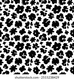 Ink Brush Black Flower Pattern. Abstract Paint Floral Illustration. Pictorial Bold Botanical Summer Background. Wild Cute Flower Wallpaper. Vector Vintage Floral Print. Daisy, Chamomile Silhouette