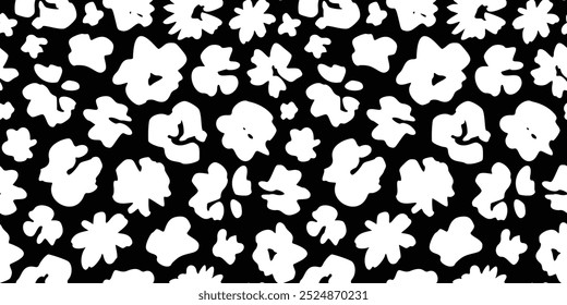 Padrão de flor preta do pincel de tinta. Ilustração Floral de Pintura Abstrata. Fundo Pictórico Negrito Botânico do Verão. Selvagem bonito papel de parede flor. Vetor Vintage Floral Print. Margarida, Silhueta de camomila