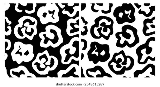 Ink Brush Black Flower Pattern. Abstract Paint Floral Illustration. Pictorial Bold Botanical Summer Background. Wild Cute Flower Wallpaper. Vector Vintage Floral Print. Daisy, Chamomile Silhouette