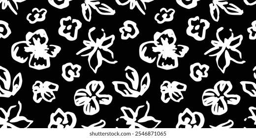 Ink Brush Black Flower Pattern. Abstract Paint Floral Illustration. Pictorial Bold Botanical Summer Background. Wild Cute Flower Wallpaper. Vector Vintage Floral Print. Daisy, Chamomile Silhouette