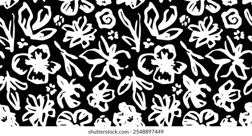 Ink Brush Black Flower Pattern. Abstract Paint Floral Illustration. Pictorial Bold Botanical Summer Background. Wild Cute Flower Wallpaper. Vector Vintage Floral Print. Daisy, Chamomile Silhouette