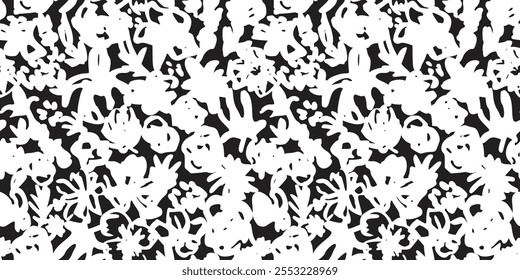 Ink Brush Black Flower Pattern. Abstract Paint Floral Illustration. Pictorial Bold Botanical Summer Background. Wild Cute Flower Wallpaper. Vector Vintage Floral Print. Daisy, Chamomile Silhouette.