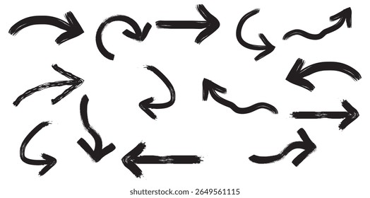 Ink brush black and white arrows. Brush stroke set of black arrows. Vector Grunge Arrows Collection. 