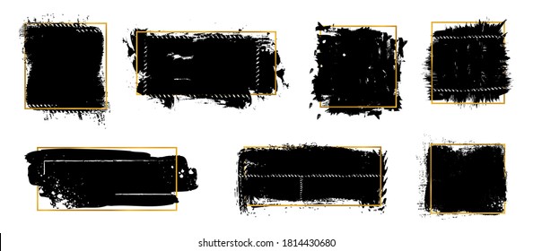 Barras de pincel de tinta. Marcos dorados, texturas negras. Elementos sucios aislados con conjunto de vectores de ornamento de oro