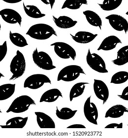 Ink brush eyes seamless pattern. Black shapes, paint smears vector illustration. Monochrome smudges texture. Almond-shaped brushstroke stains backdrop. Textile, wallpaper, wrapping paper design