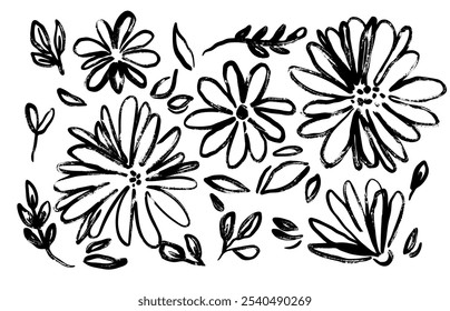 Ink brush flower. Minimalist botanical brush ink strokes. Hand drawn flowers and abstract floral elements. Sketch petals, buds, branches in natural inky style. Decorative vector design.