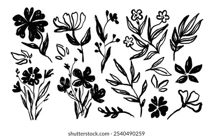 Ink brush flower. Sketch paint floral composition with leaves, flowers, blossom, branches for invitations card, posters decor. Monochrome botanical vector elements.