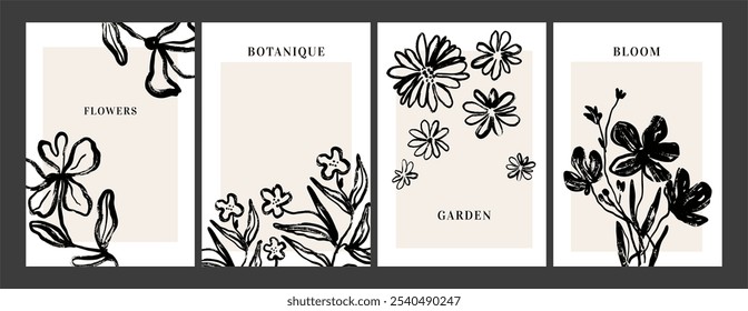 Ink brush flowers posters. Simple ink stroke botanique poster with flower and branches. Garden floral elements for cards, home interior decor. Black flower silhouette vector background.