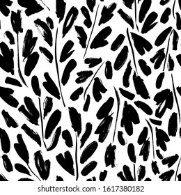 Ink brush foliage vector seamless pattern. Abstract plant twigs with leaves monochrome texture. Grunge style botanical background. Black and white floral textile, wallpaper, wrapping paper design