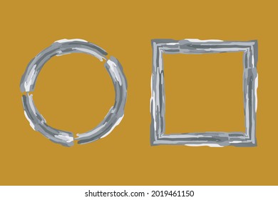 Tintenpinselrahmen Kreise, quadratische, orangefarbene Formen. Handmalerei künstlerische Illustration, graue Farbpalette. gelber Senfhintergrund. Vektorgrafik
