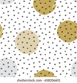 Ink and brush hand drawn seamless doodle design with polka dot and circles.