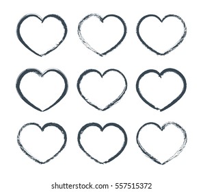 Ink brush heart frames. Grunge vector illustration.