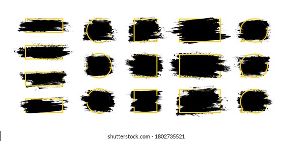Ink brush paint frame set. Grunge stroke shape, box frame. Dirty splatter stains, black ink paintbrush banners. Paint brush splatter and sprayed. Grunge graffiti background vector