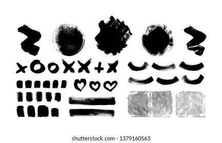 Ink brush paint stroke, line, blot, heart, circle, cross are isolated on white background. Vector illustration of grunge style. Art paint can be used as design element. EPS10