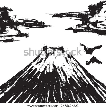 Ink Brush Painting of Mountains, Clouds, and Birds