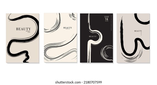 Ink brush poster abstract shapes background, minimalist banner . Dirty strokes drawing, calligraphy concept in vector 