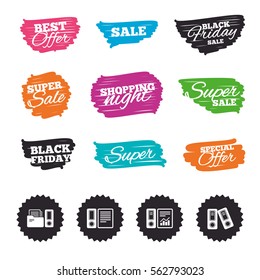 Ink brush sale banners and stripes. Accounting report icons. Document storage in folders sign symbols. Special offer. Ink stroke. Vector