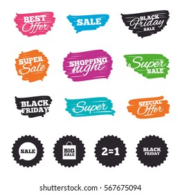 Ink brush sale banners and stripes. Sale speech bubble icons. Two equals one. Black friday sign. Big sale shopping bag symbol. Special offer. Ink stroke. Vector