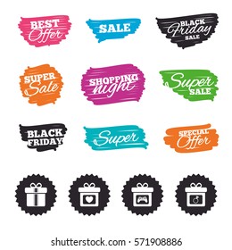 Ink brush sale banners and stripes. Gift box sign icons. Present with bow and ribbons symbols. Engagement ring sign. Video game joystick. Special offer. Ink stroke. Vector