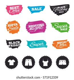 Ink brush sale banners and stripes. Clothes icons. T-shirt and pants with shorts signs. Swimming trunks symbol. Special offer. Ink stroke. Vector
