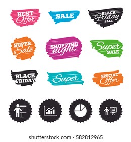 Ink brush sale banners and stripes. Diagram graph Pie chart icon. Presentation billboard symbol. Supply and demand. Man standing with pointer. Special offer. Ink stroke. Vector