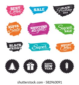 Ink brush sale banners and stripes. Happy new year icon. Christmas tree and gift box signs. Fireworks rocket symbol. Special offer. Ink stroke. Vector