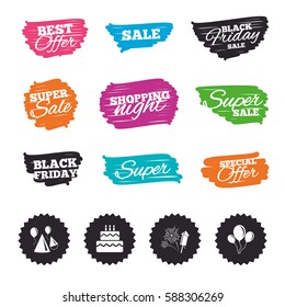 Ink brush sale banners and stripes. Birthday party icons. Cake, balloon, hat and muffin signs. Fireworks with rocket symbol. Double decker with candle. Special offer. Ink stroke. Vector
