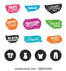 Ink brush sale banners and stripes. Clothes icons. T-shirt with business tie and pants signs. Women dress symbol. Special offer. Ink stroke. Vector