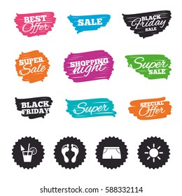 Ink brush sale banners and stripes. Beach holidays icons. Cocktail, human footprints and swimming trunks signs. Summer sun symbol. Special offer. Ink stroke. Vector