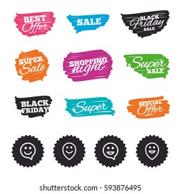 Ink brush sale banners and stripes. Happy face speech bubble icons. Smile sign. Map pointer symbols. Special offer. Ink stroke. Vector