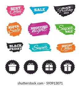 Ink brush sale banners and stripes. Gift box sign icons. Present with bow and ribbons sign symbols. Special offer. Ink stroke. Vector