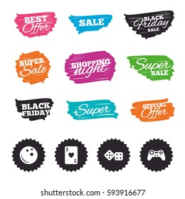 Ink brush sale banners and stripes. Bowling and Casino icons. Video game joystick and playing card with dice symbols. Entertainment signs. Special offer. Ink stroke. Vector