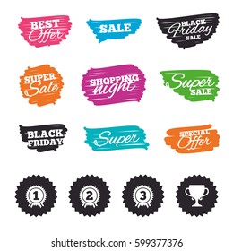 Ink brush sale banners and stripes. First, second and third place icons. Award medals sign symbols. Prize cup for winner. Special offer. Ink stroke. Vector