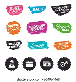 Ink brush sale banners and stripes. Businessman icons. Human silhouette and cash money signs. Case and gear symbols. Special offer. Ink stroke. Vector