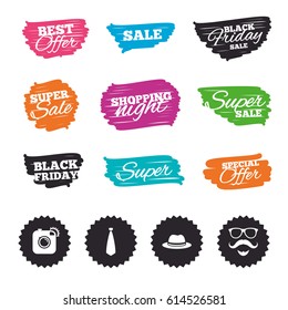 Ink brush sale banners and stripes. Hipster photo camera. Mustache with beard icon. Glasses and tie symbols. Classic hat headdress sign. Special offer. Ink stroke. Vector