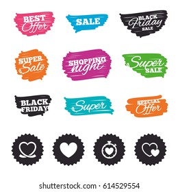 Ink brush sale banners and stripes. Heart ribbon icon. Timer stopwatch symbol. Love and Heartbeat palpitation signs. Special offer. Ink stroke. Vector