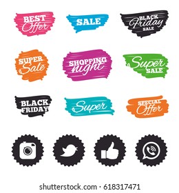 Ink brush sale banners and stripes. Hipster photo camera icon. Like and Call speech bubble sign. Bird symbol. Social media icons. Special offer. Ink stroke. Vector