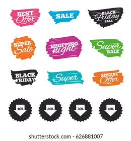 Ink brush sale banners and stripes. Sale arrow tag icons. Discount special offer symbols. 10%, 20%, 30% and 40% percent discount signs. Special offer. Ink stroke. Vector