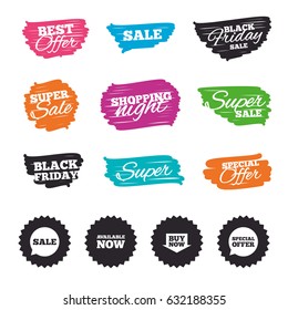 Ink brush sale banners and stripes. Sale icons. Special offer speech bubbles symbols. Buy now arrow shopping signs. Available now. Special offer. Ink stroke. Vector