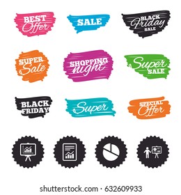 Ink brush sale banners and stripes. File document with diagram. Pie chart icon. Presentation billboard symbol. Supply and demand. Special offer. Ink stroke. Vector