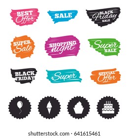 Ink brush sale banners and stripes. Birthday party icons. Cake with ice cream signs. Air balloon with rope symbol. Special offer. Ink stroke. Vector